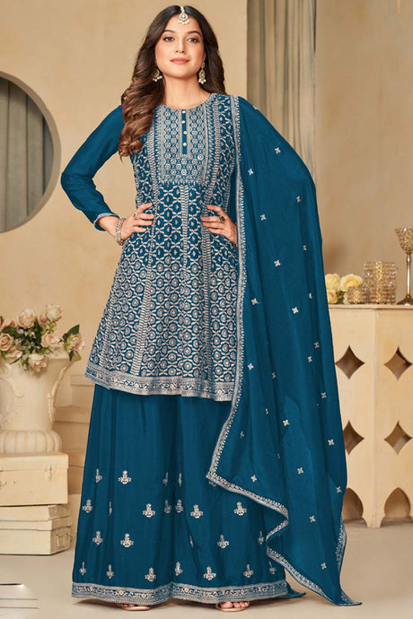 Blue Chinon Silk Embroidery Sharara Suit