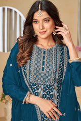 Blue Chinon Silk Embroidery Sharara Suit