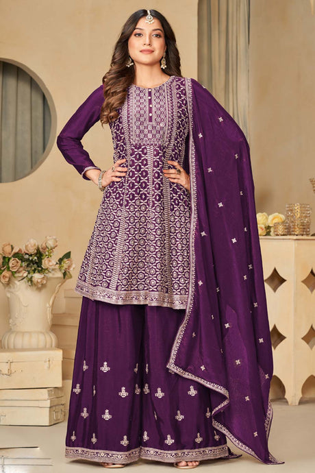 Purple Chinon Silk Embroidery Sharara Suit