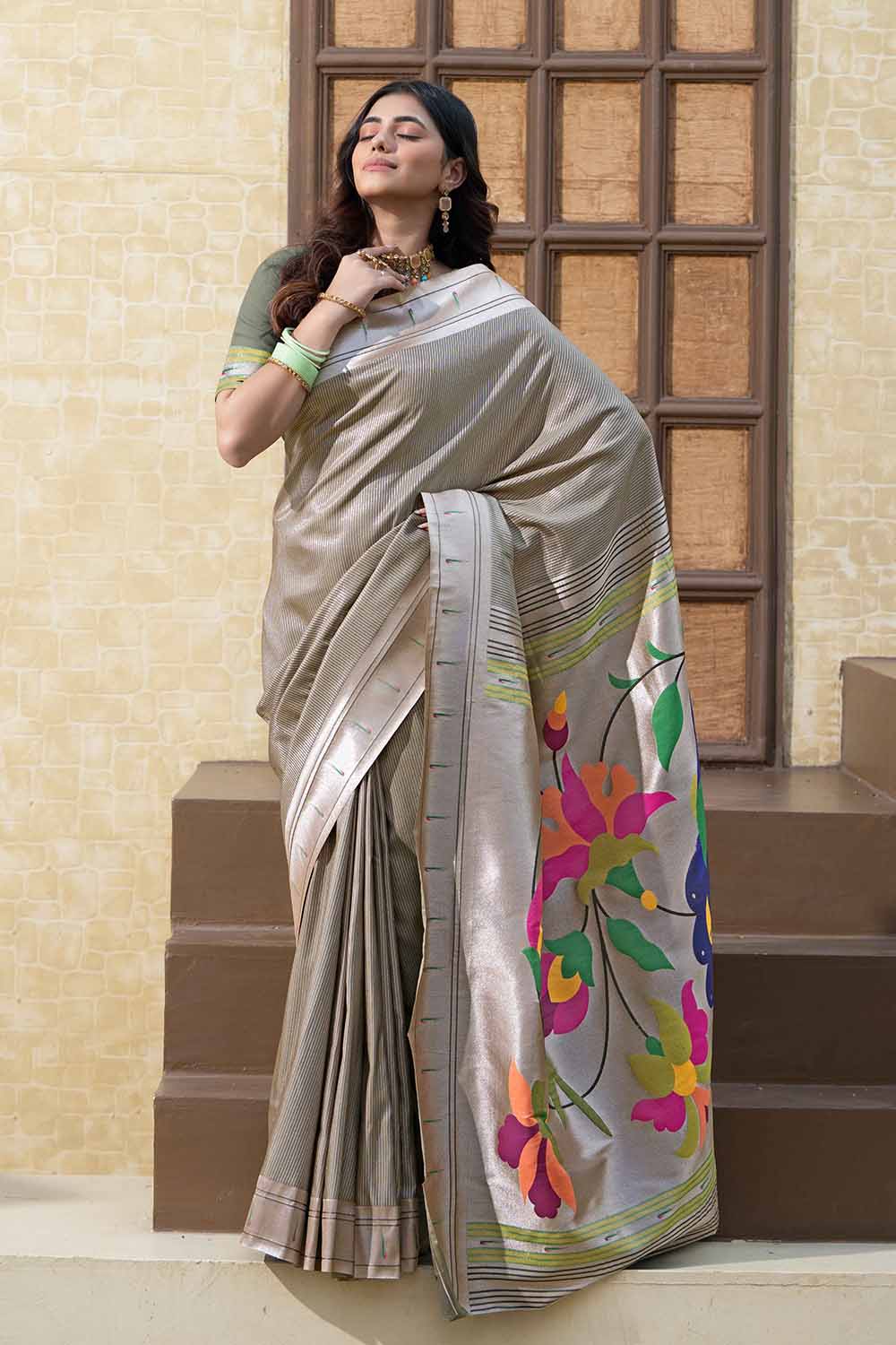 Grey Woven Silk Blend Saree