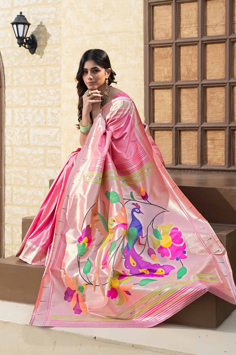 Pink Woven Silk Blend Saree