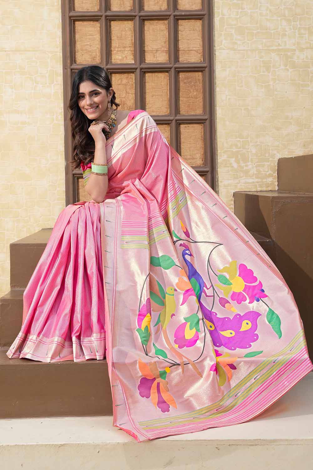 Pink Woven Silk Blend Saree