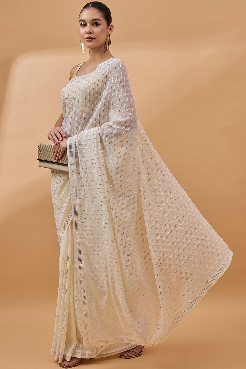 Cream Pure Georgette Woven Saree