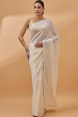 Cream Pure Georgette Woven Saree