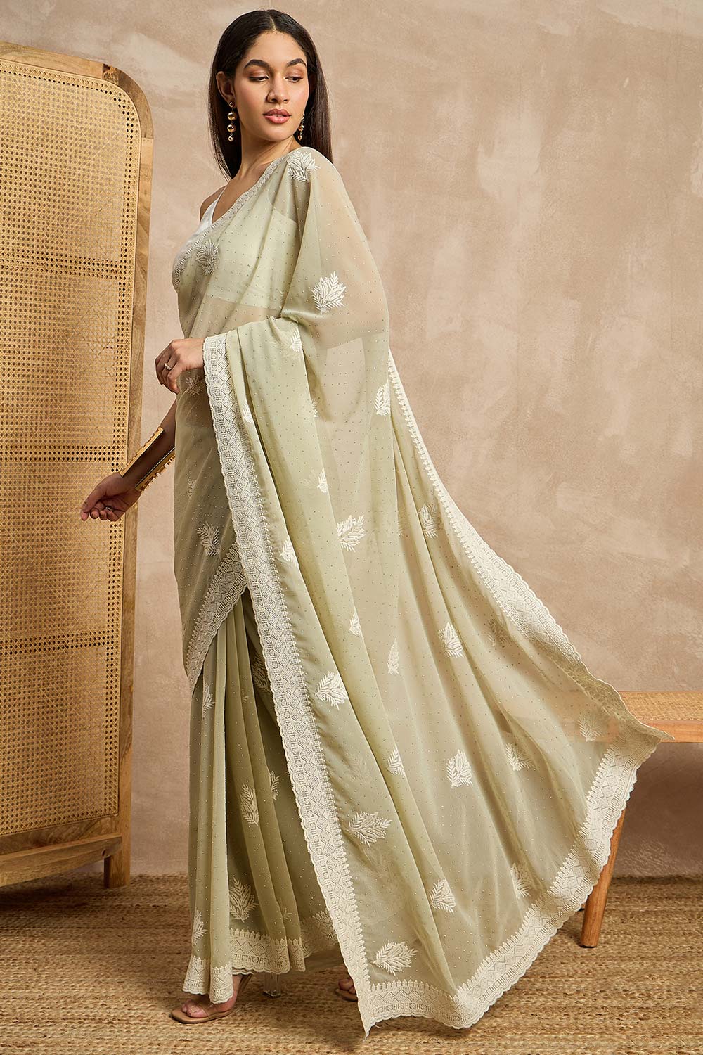 Green Pure Georgette Woven Saree