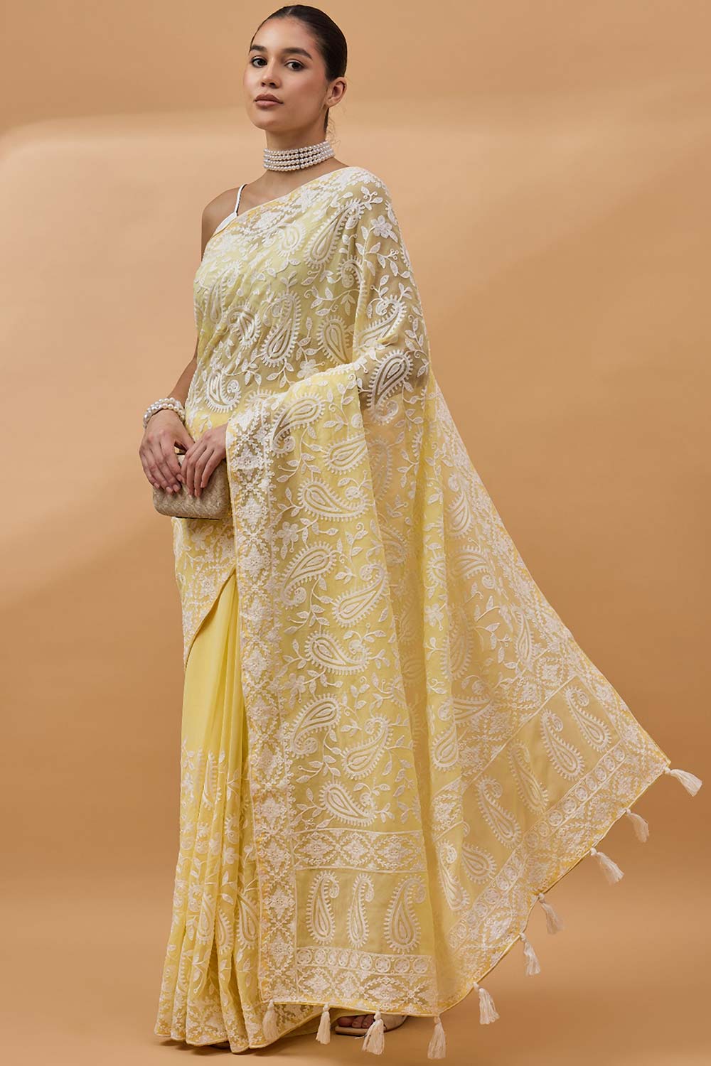 Yellow Pure Georgette Woven Saree