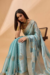 Blue Poly Chiffon Woven Saree