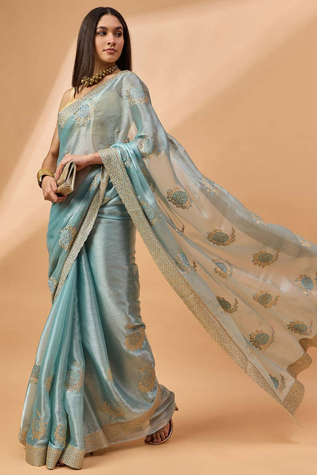 Blue Poly Chiffon Woven Saree