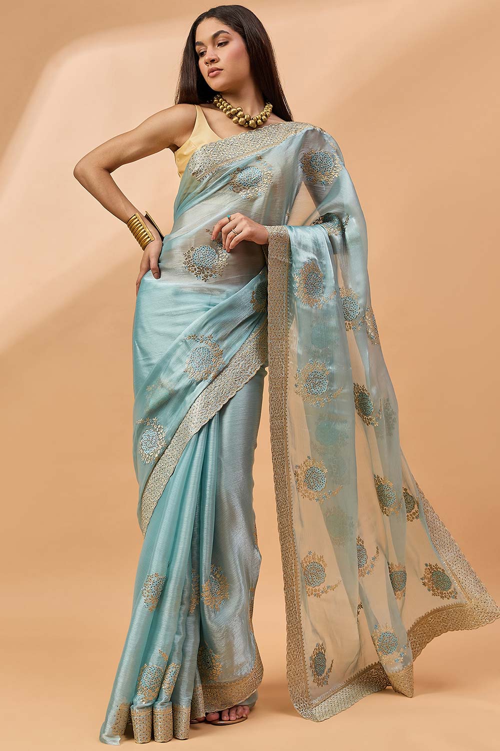 Blue Poly Chiffon Woven Saree