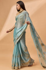 Blue Poly Chiffon Woven Saree