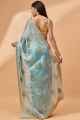 Blue Poly Chiffon Woven Saree