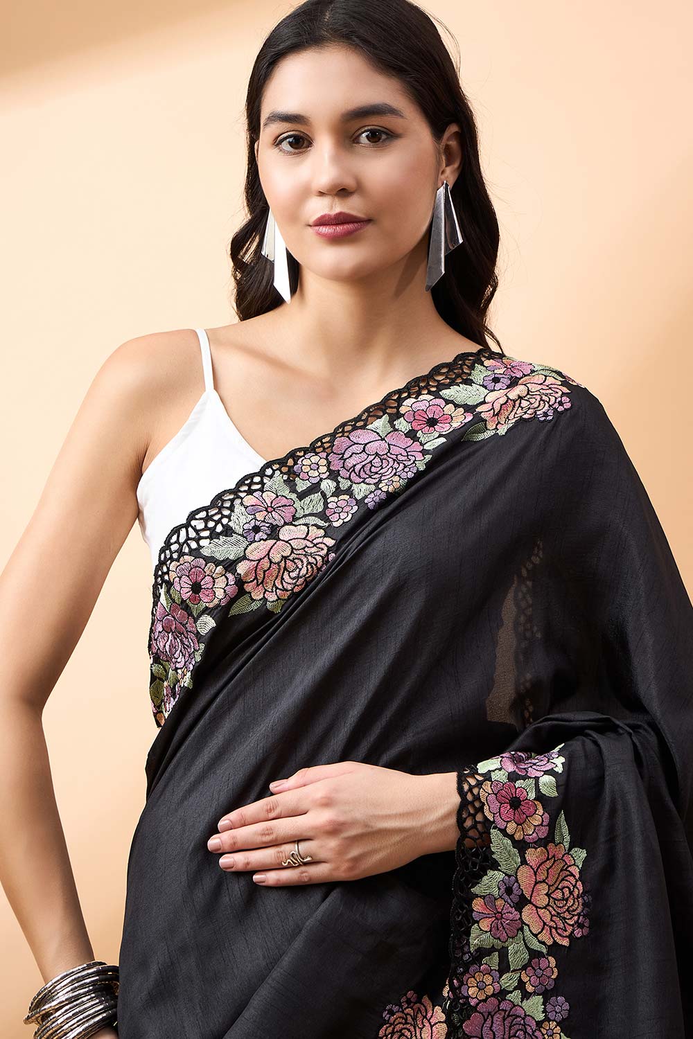 Black Silk Blend Woven Saree