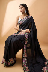 Black Silk Blend Woven Saree