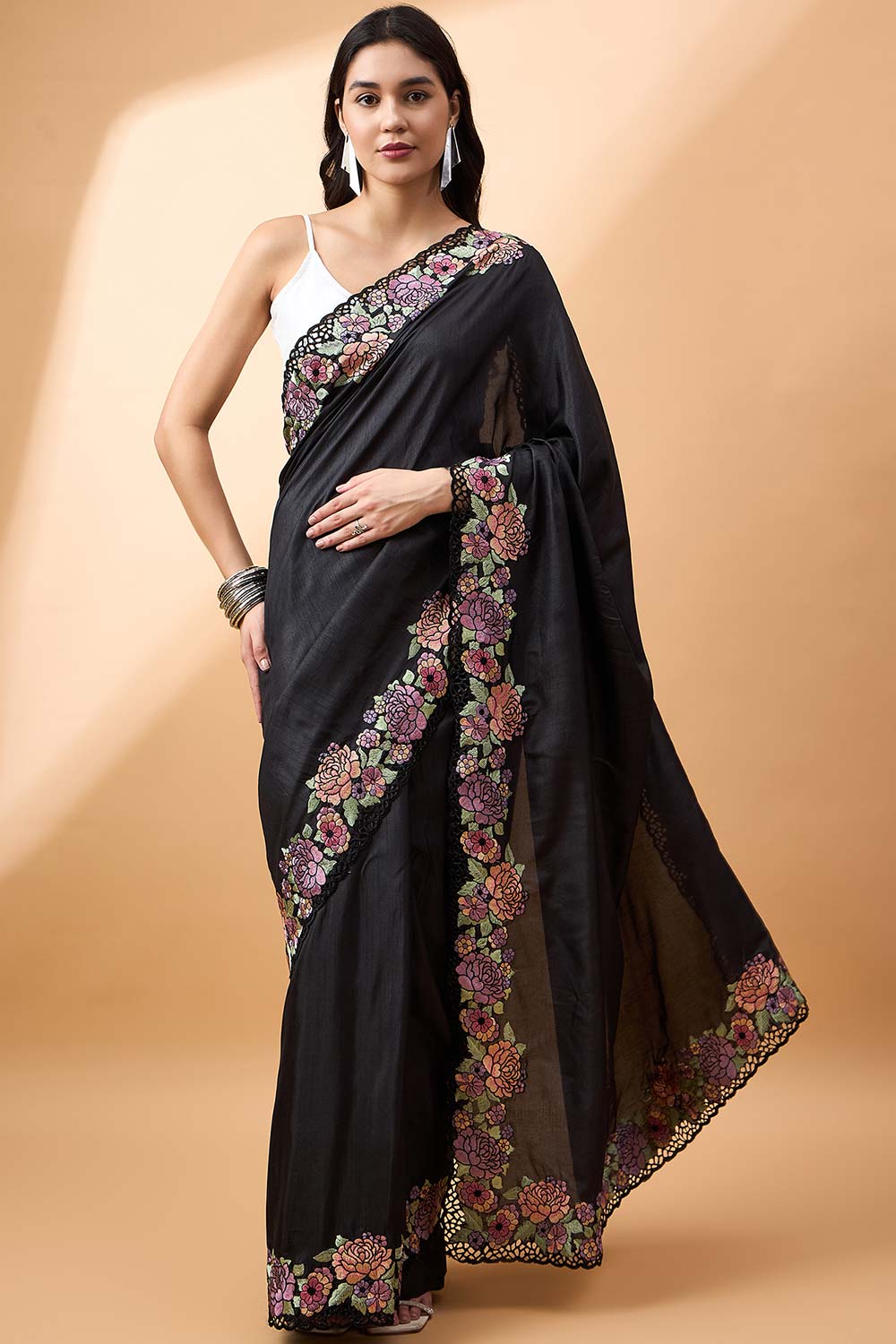 Black Silk Blend Woven Saree