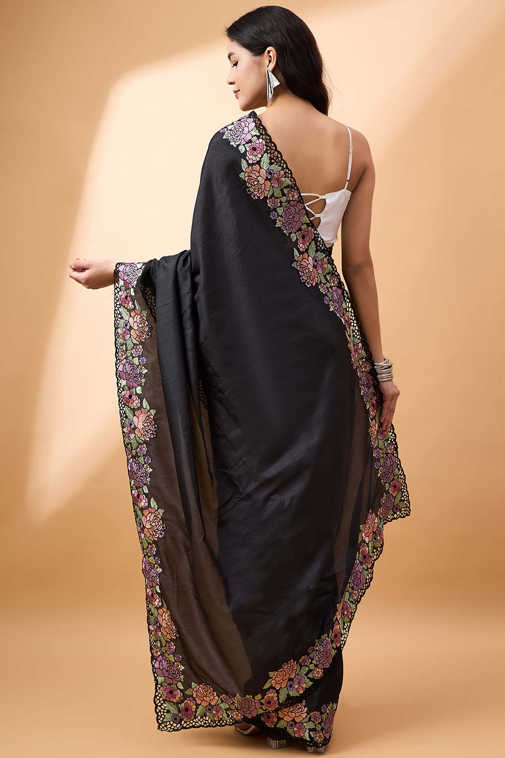 Black Silk Blend Woven Saree