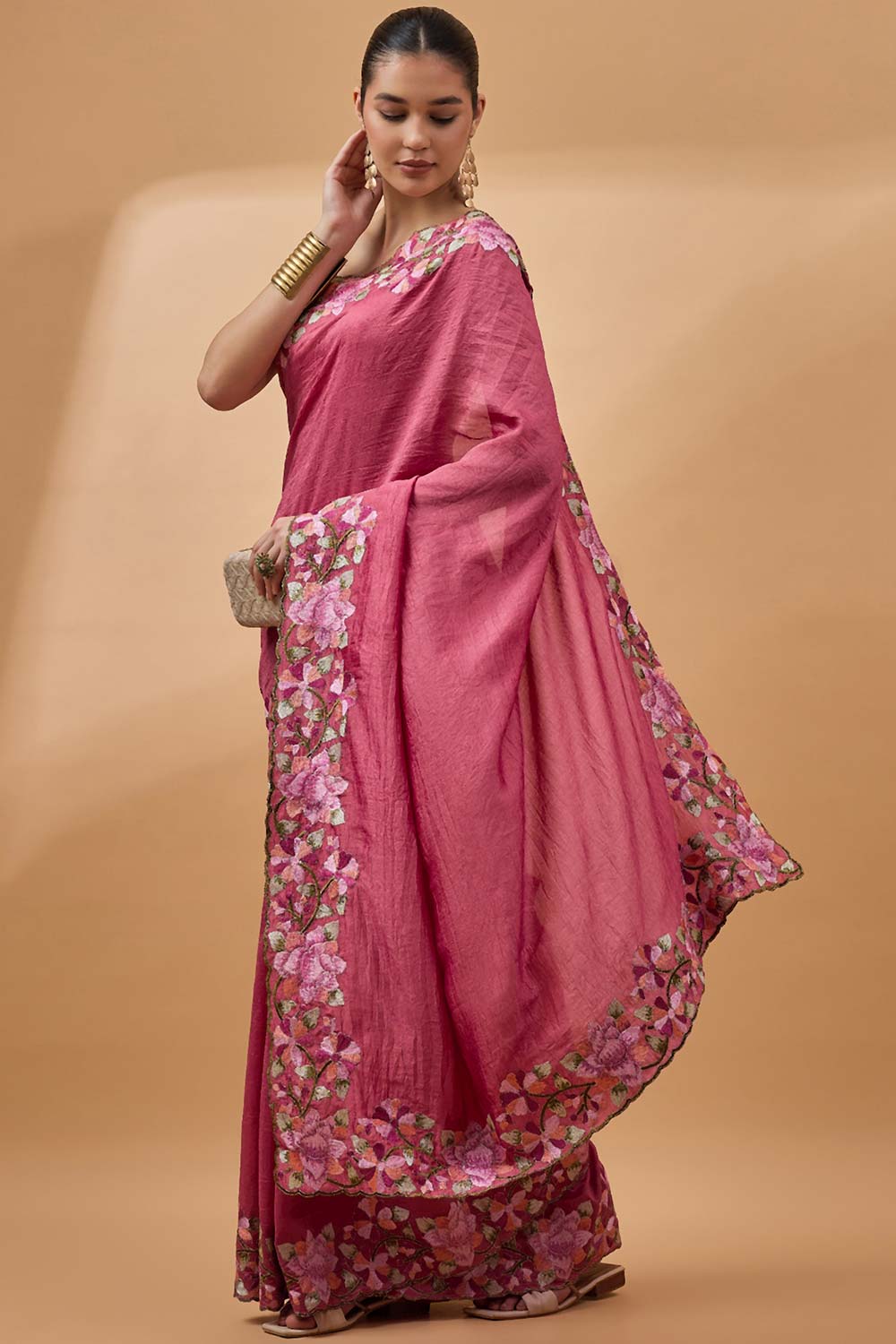 Pink Silk Blend Woven Saree