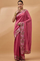 Pink Silk Blend Woven Saree