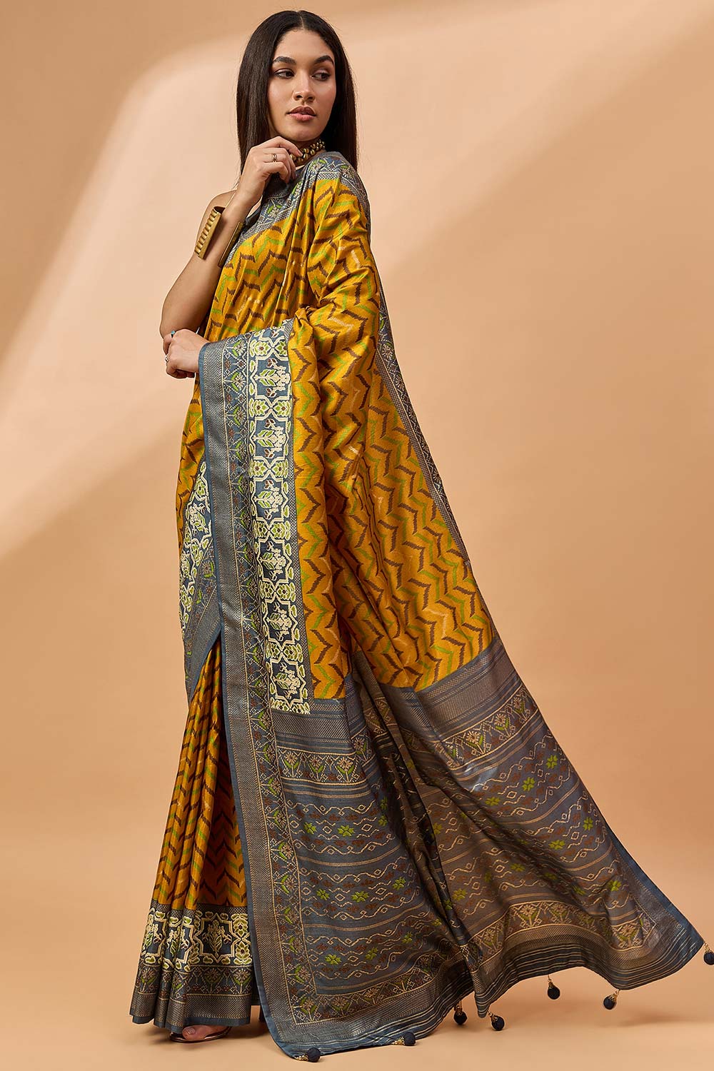 Yellow Silk Blend Woven Saree