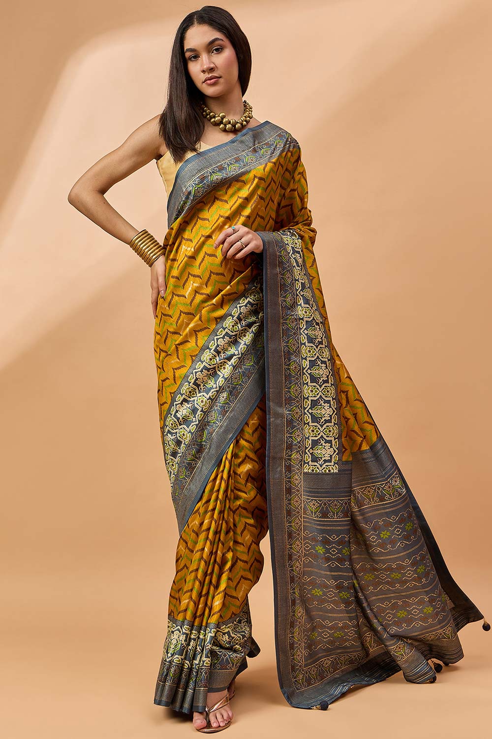 Yellow Silk Blend Woven Saree