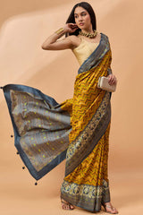 Yellow Silk Blend Woven Saree