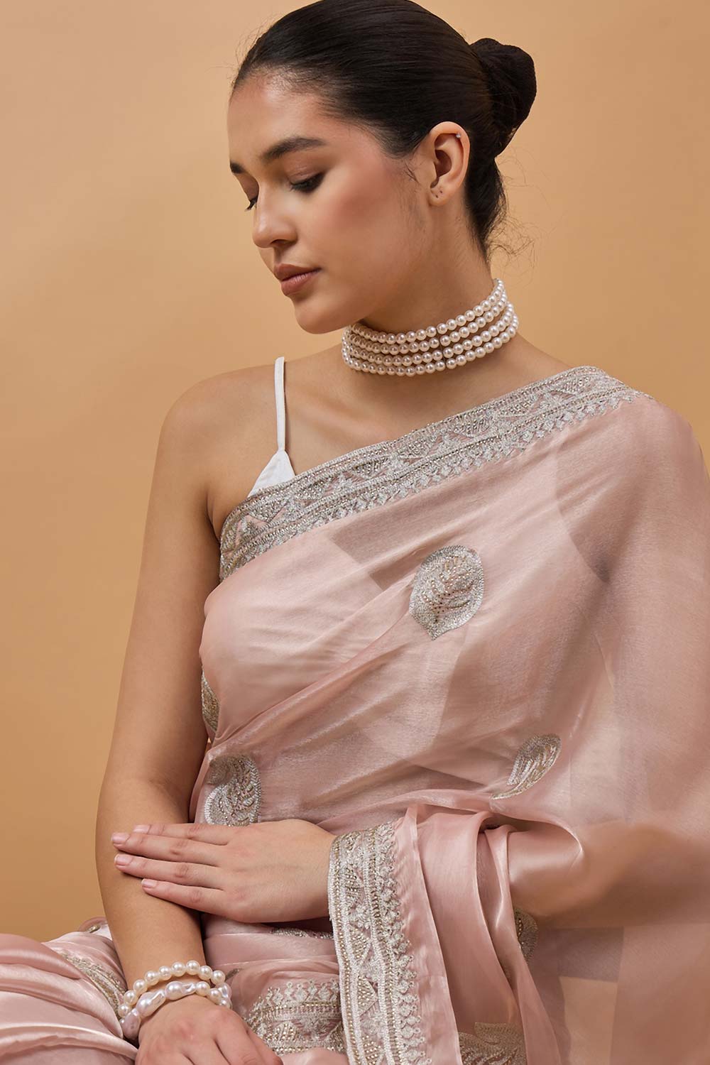 Peach Organza Woven Saree