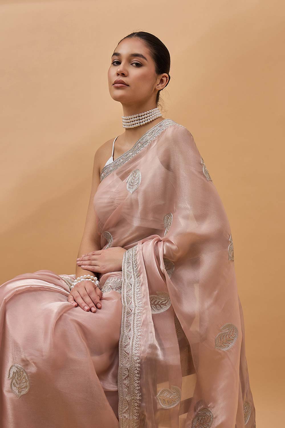 Peach Organza Woven Saree