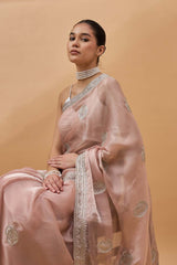 Peach Organza Woven Saree