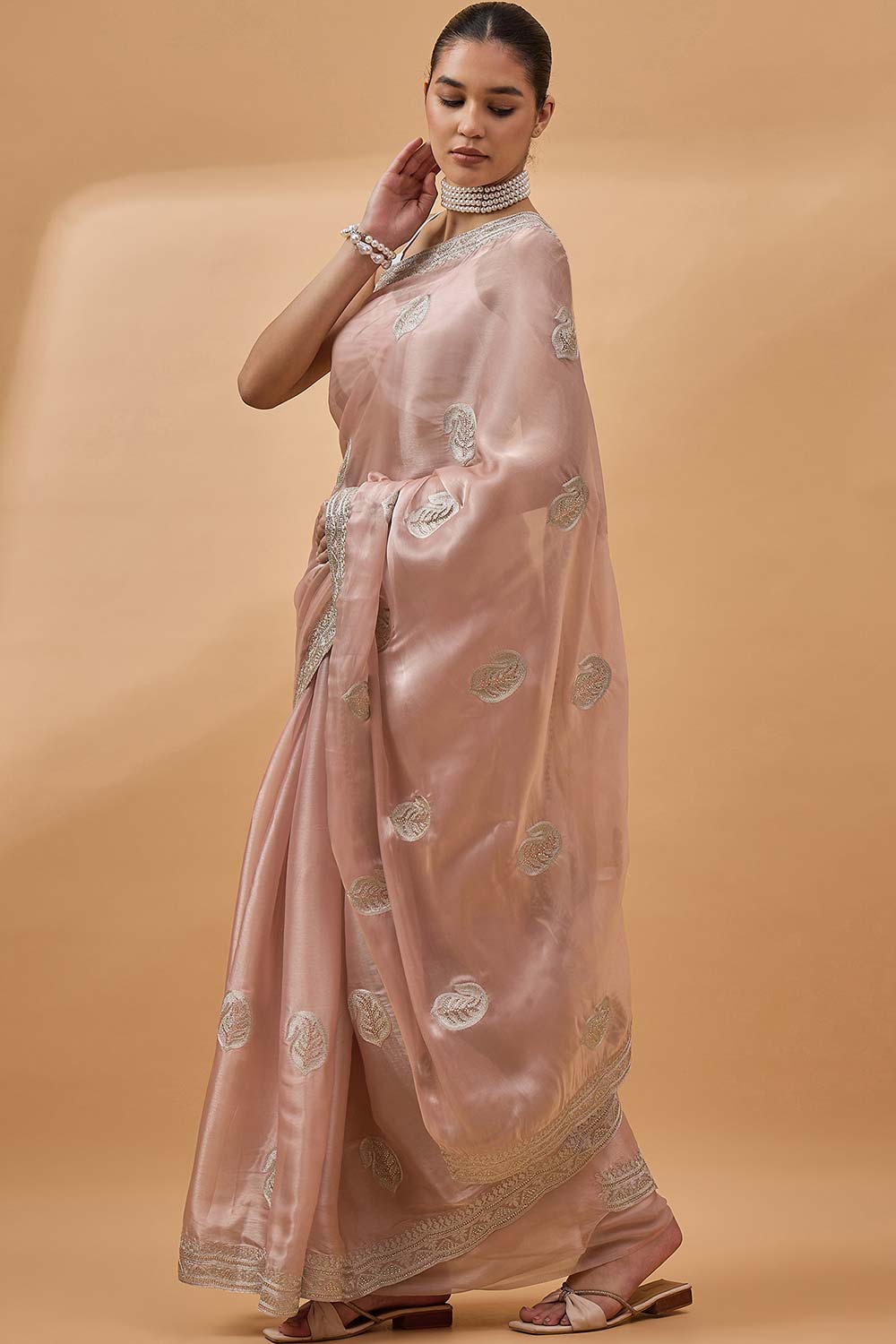 Peach Organza Woven Saree