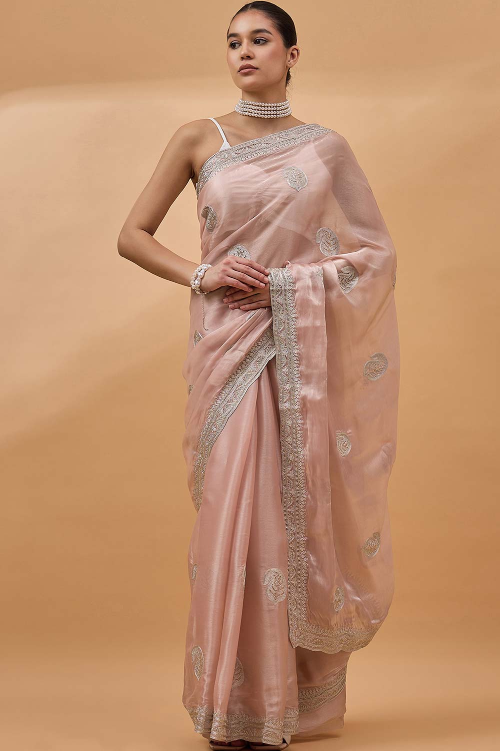 Peach Organza Woven Saree