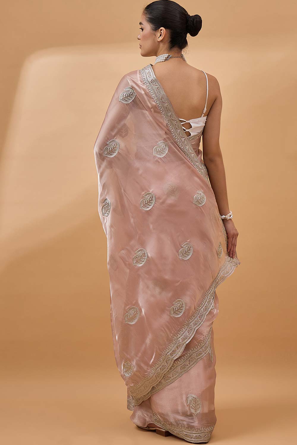 Peach Organza Woven Saree