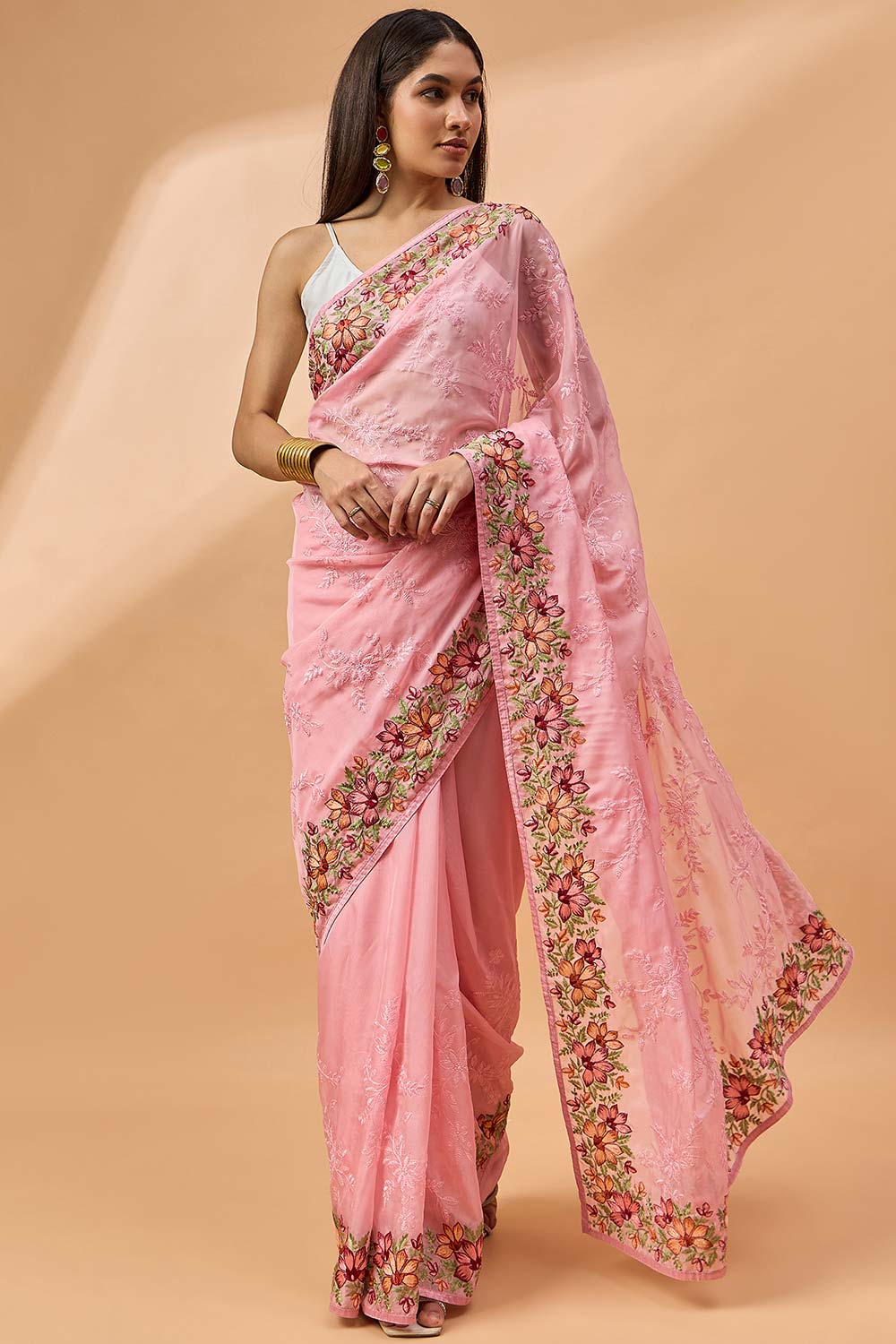 Pink Silk Chiffon Woven Saree