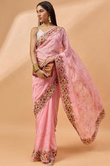 Pink Silk Chiffon Woven Saree