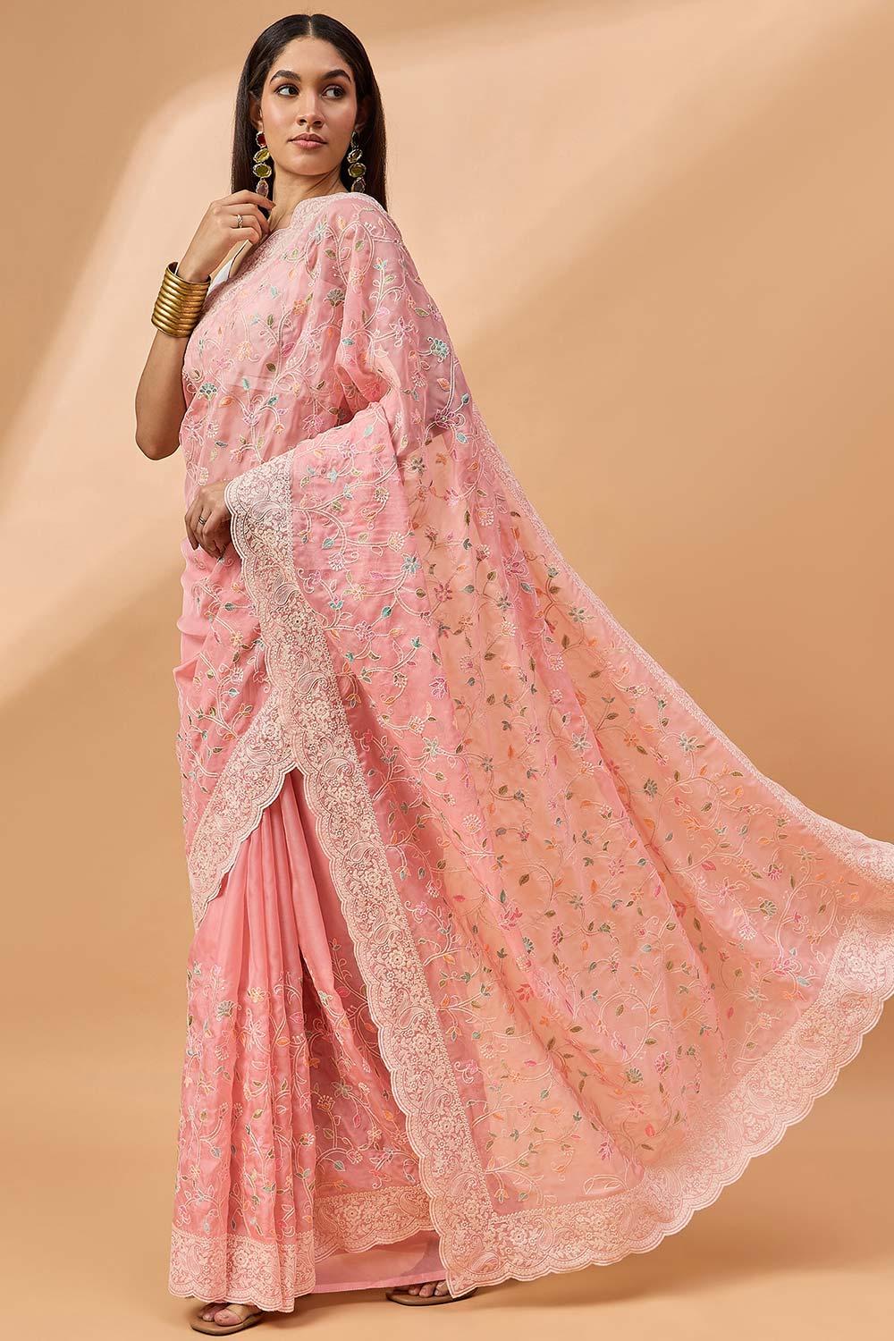 Pink Silk Chiffon Woven Saree