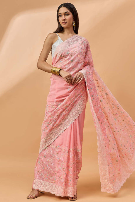 Pink Silk Chiffon Woven Saree