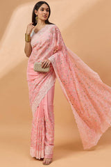 Pink Silk Chiffon Woven Saree