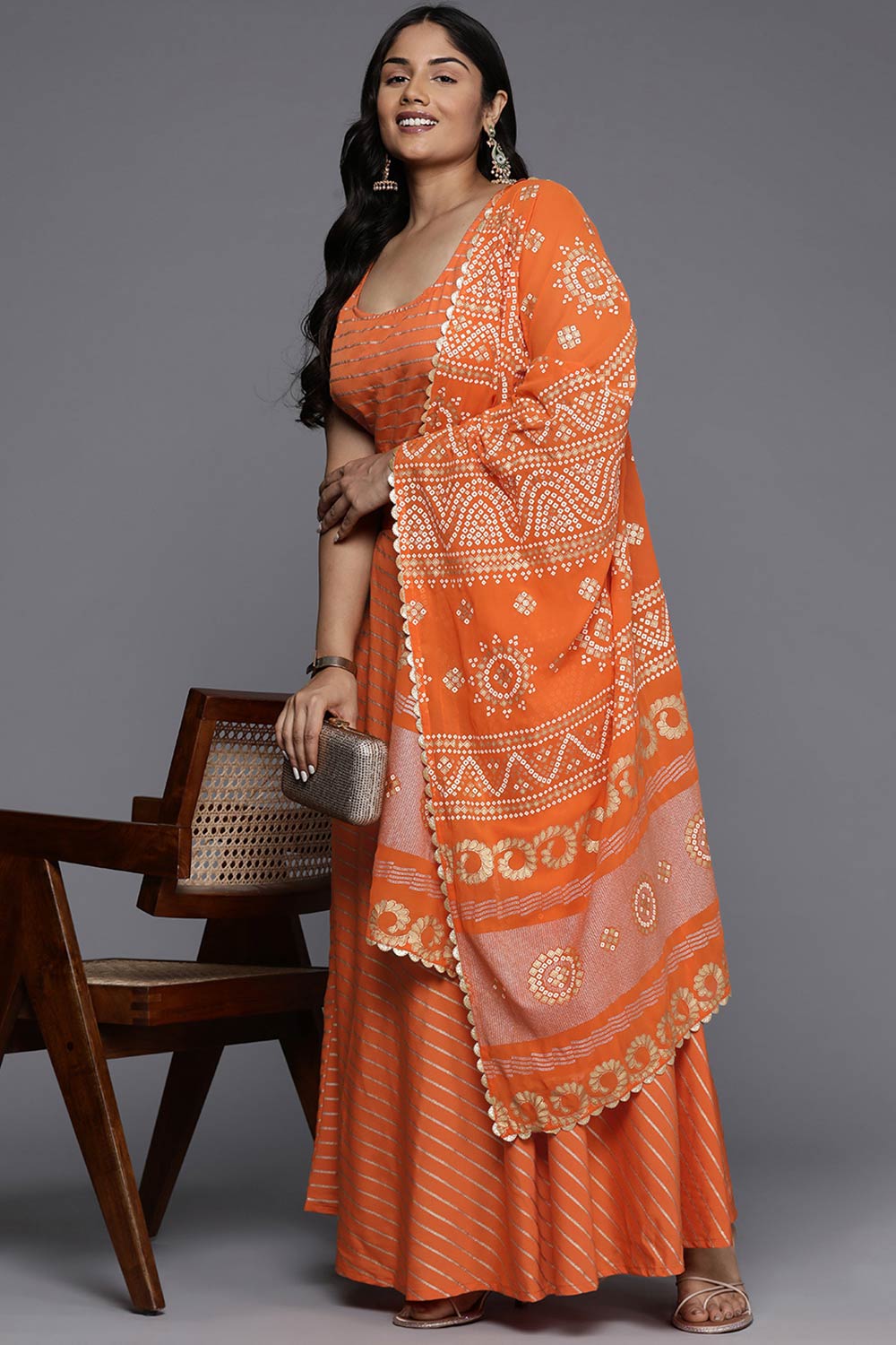 Orange Poly Crepe Printed Curved U-Neck Lehenga Choli