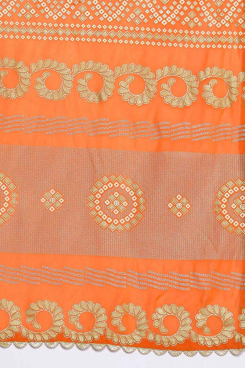 Orange Poly Crepe Printed Curved U-Neck Lehenga Choli