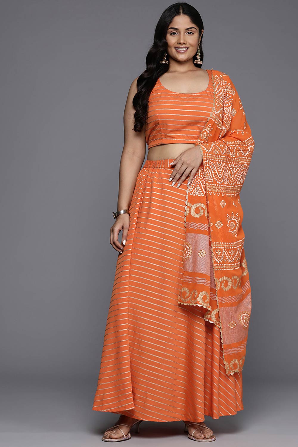 Orange Poly Crepe Printed Curved U-Neck Lehenga Choli