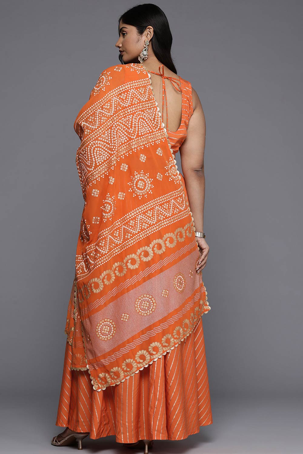 Orange Poly Crepe Printed Curved U-Neck Lehenga Choli