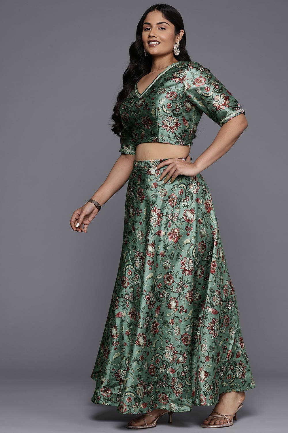 Green Art Silk Printed Flared V-Neck Lehenga Choli