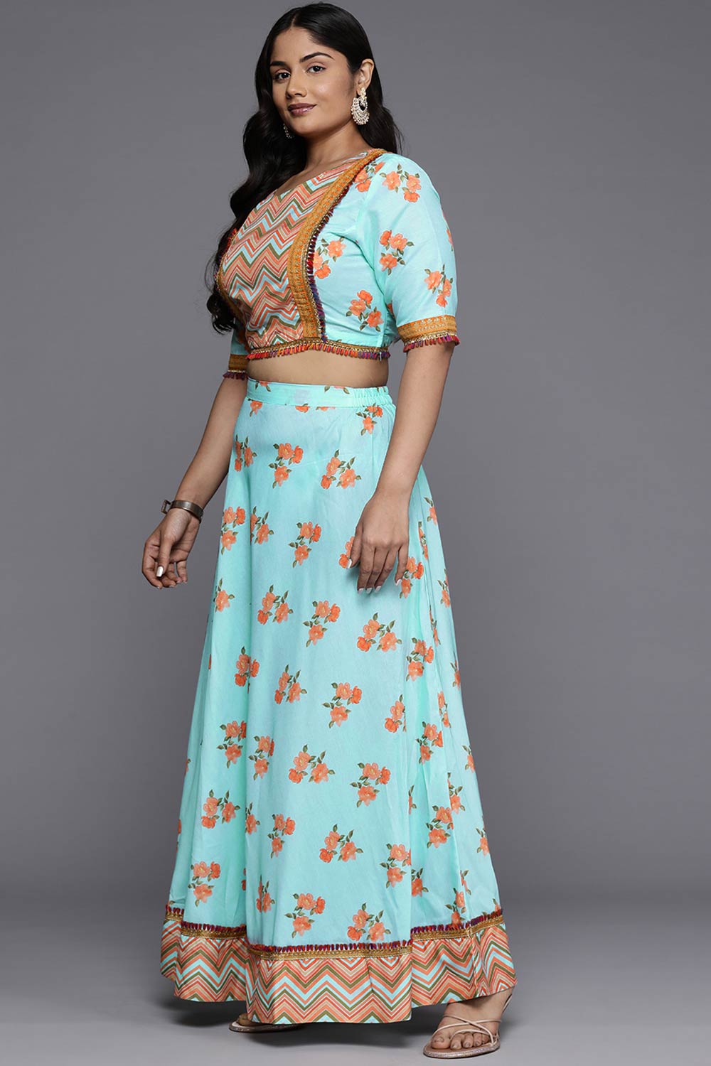 Blue Poly Crepe Printed Flared Round Neck Lehenga Choli