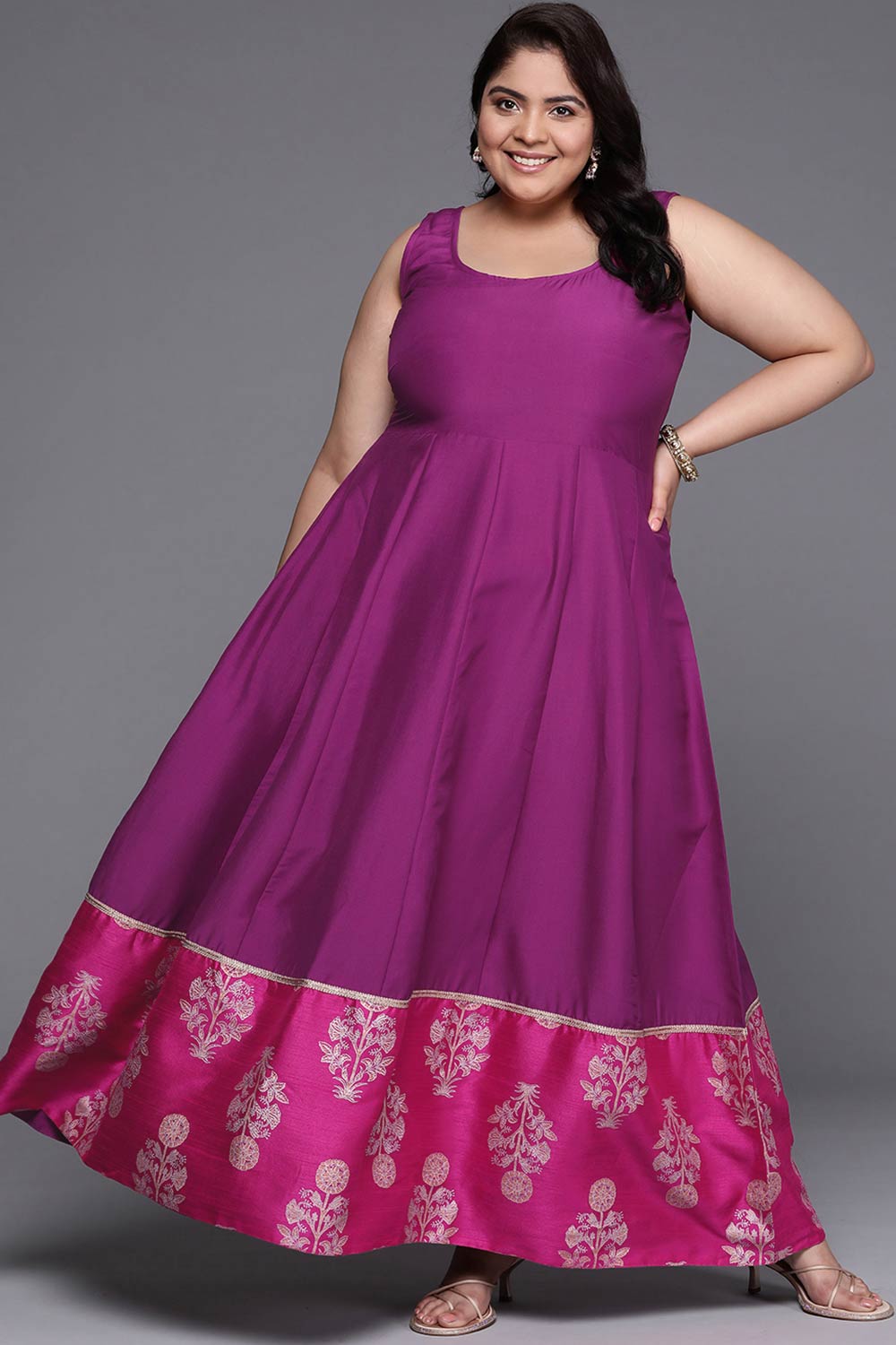 Purple Poly Silk Printed Straight Round Neck Dresses