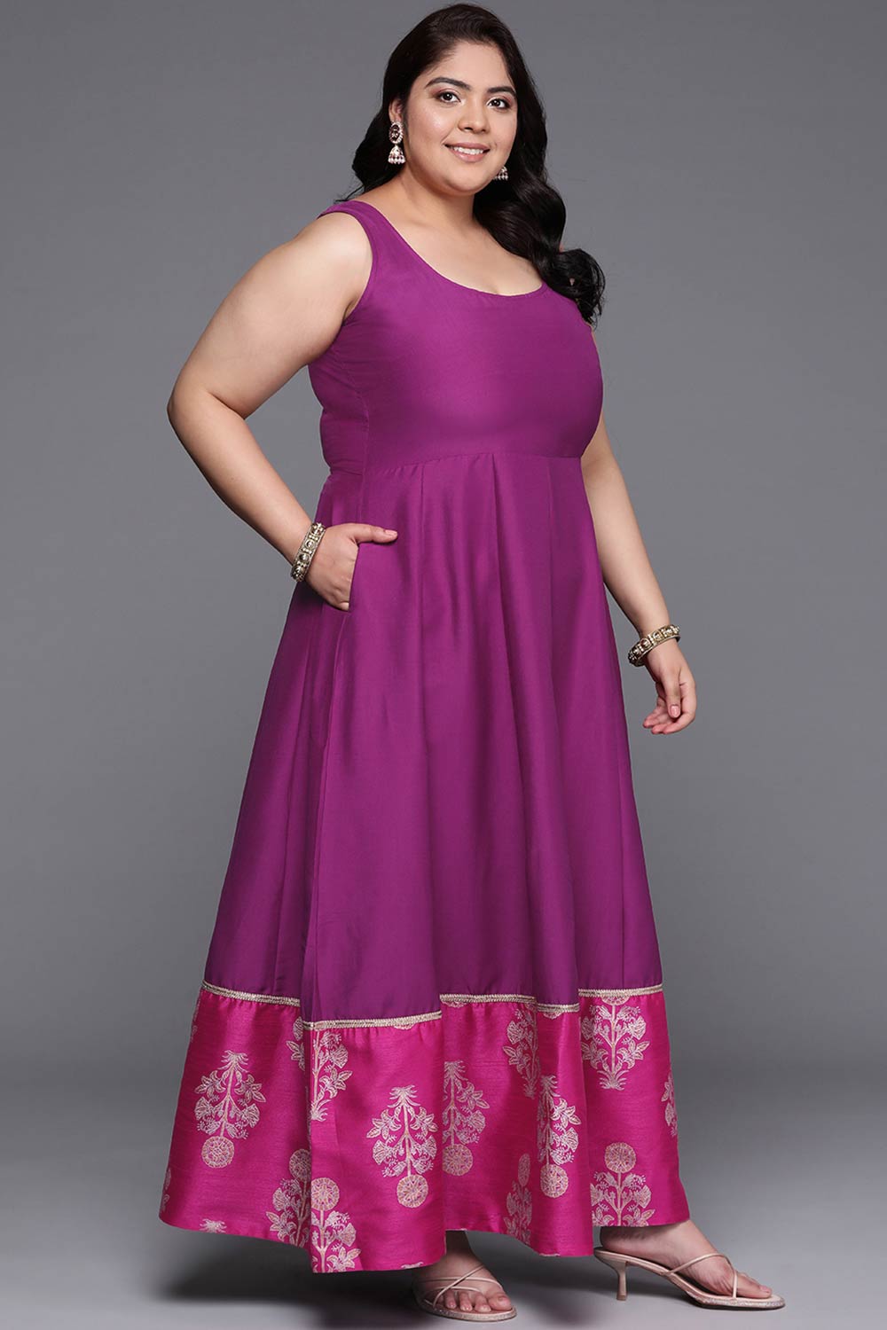 Purple Poly Silk Printed Straight Round Neck Dresses