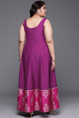 Purple Poly Silk Printed Straight Round Neck Dresses