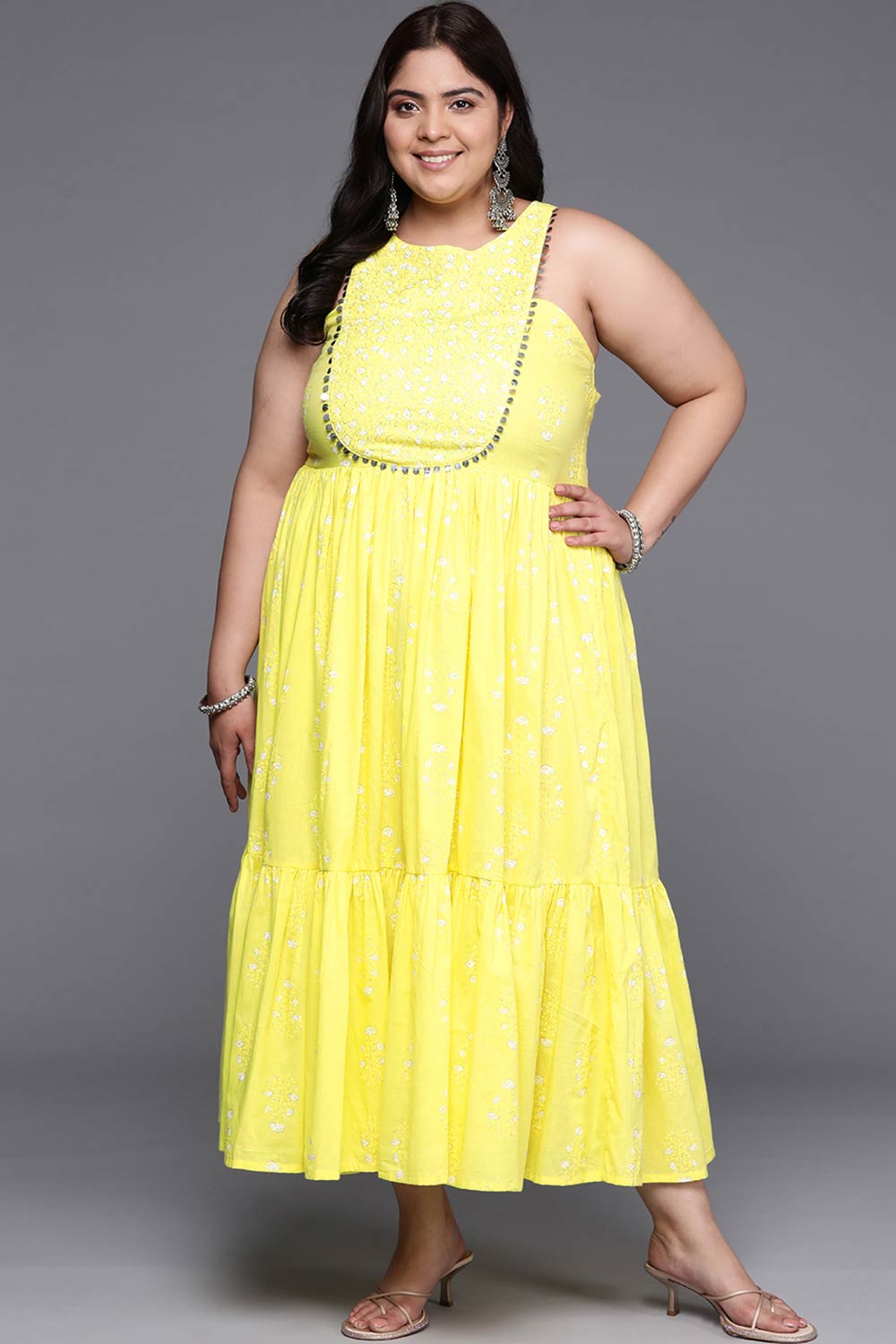 Yellow Cotton Printed Straight Halter Neck Dresses