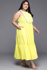 Yellow Cotton Printed Straight Halter Neck Dresses