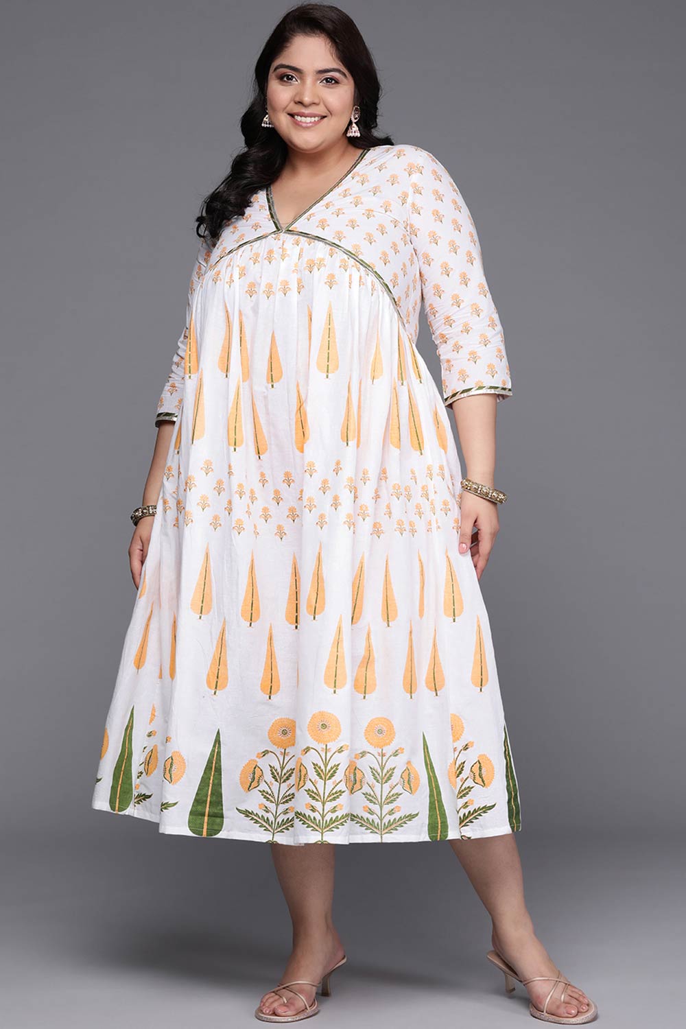 White Cotton Printed Straight V-Neck Dresses