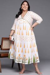 White Cotton Printed Straight V-Neck Dresses