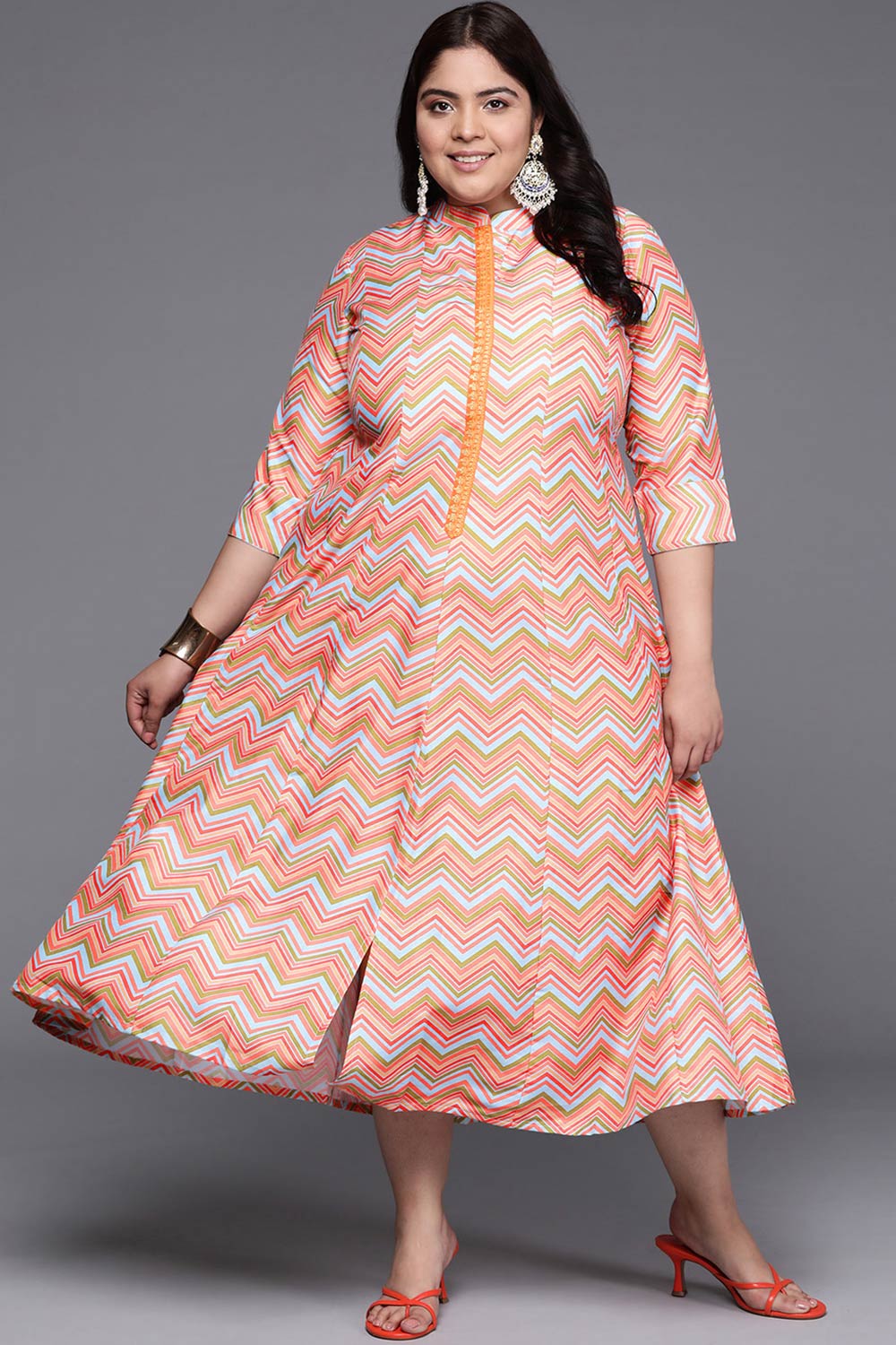 Multi Polyester Printed Flared Mandarin Collar Dresses