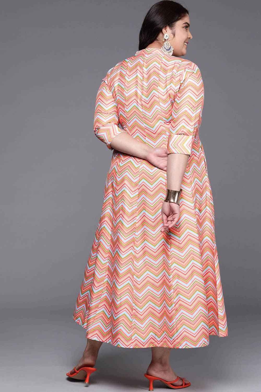 Multi Polyester Printed Flared Mandarin Collar Dresses